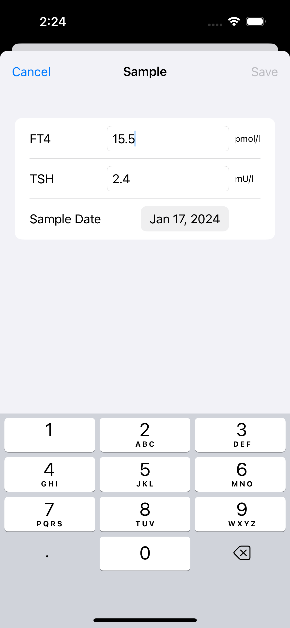 ThyroidLab Lab data editor screen